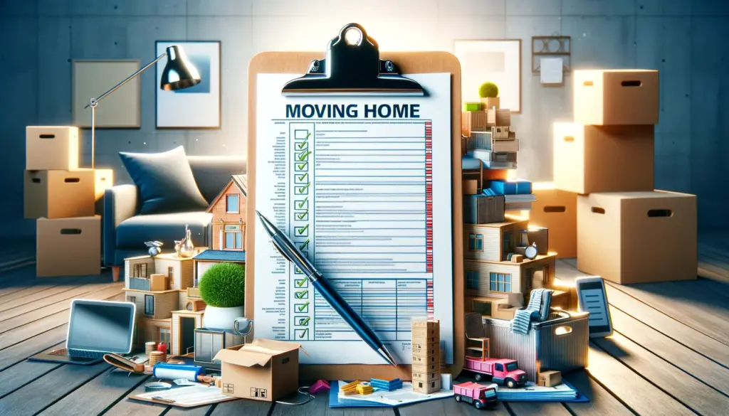 Moving home concept with survey clipboard and pile of furniture background