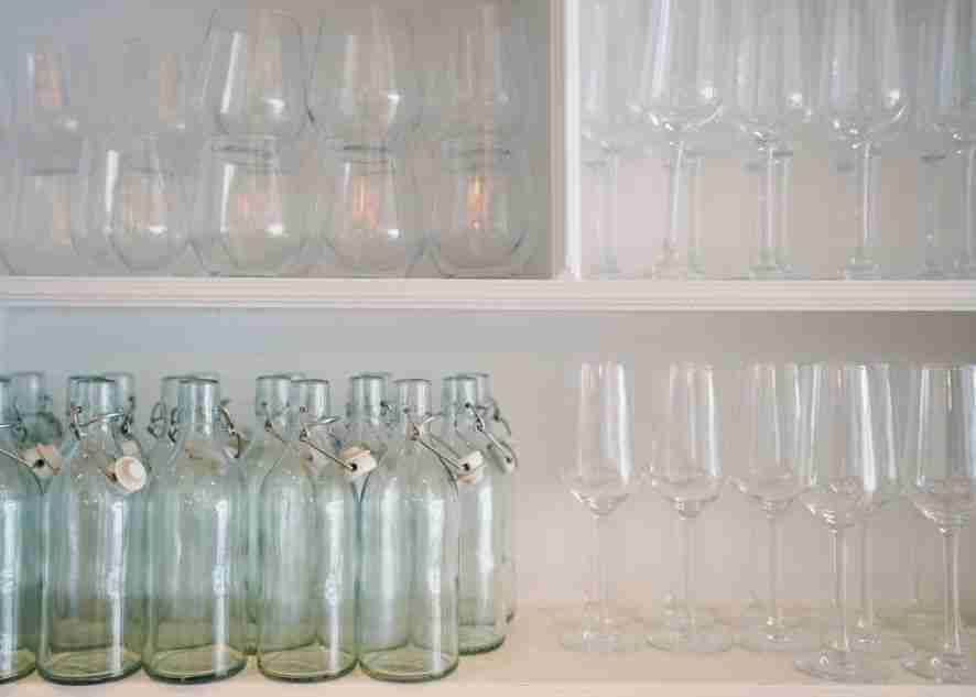 glassware on a shelf