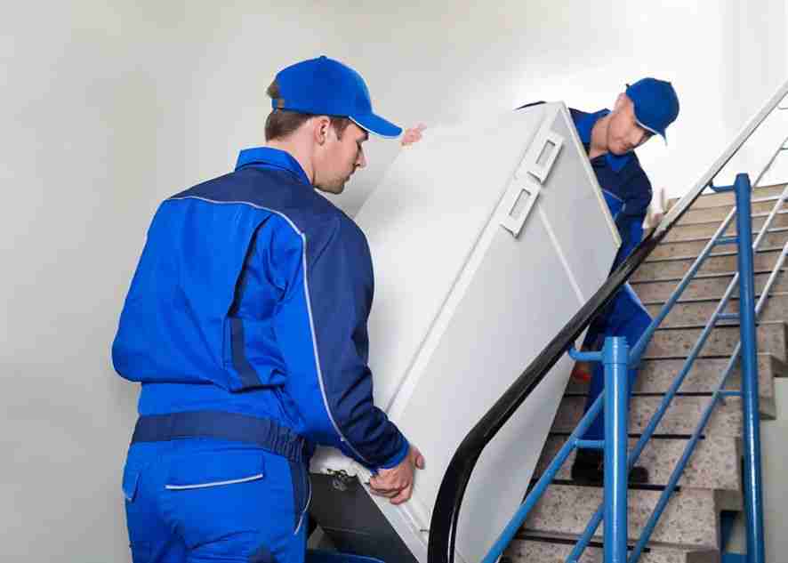 two removalists carrying a fridge up the stairs